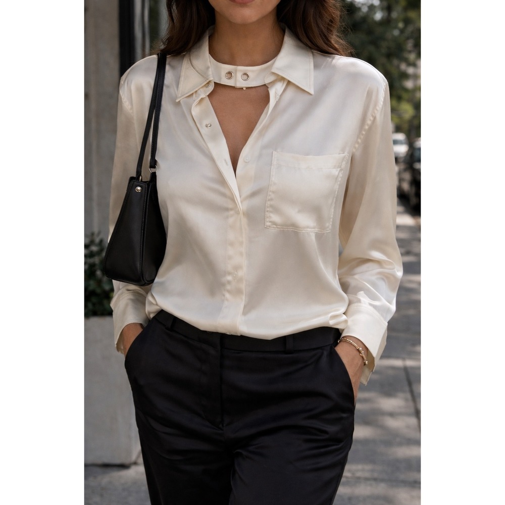 Dorothee Schumacher Shiny Statement Blouse Womens 5 Cream Satin Button Down NEW